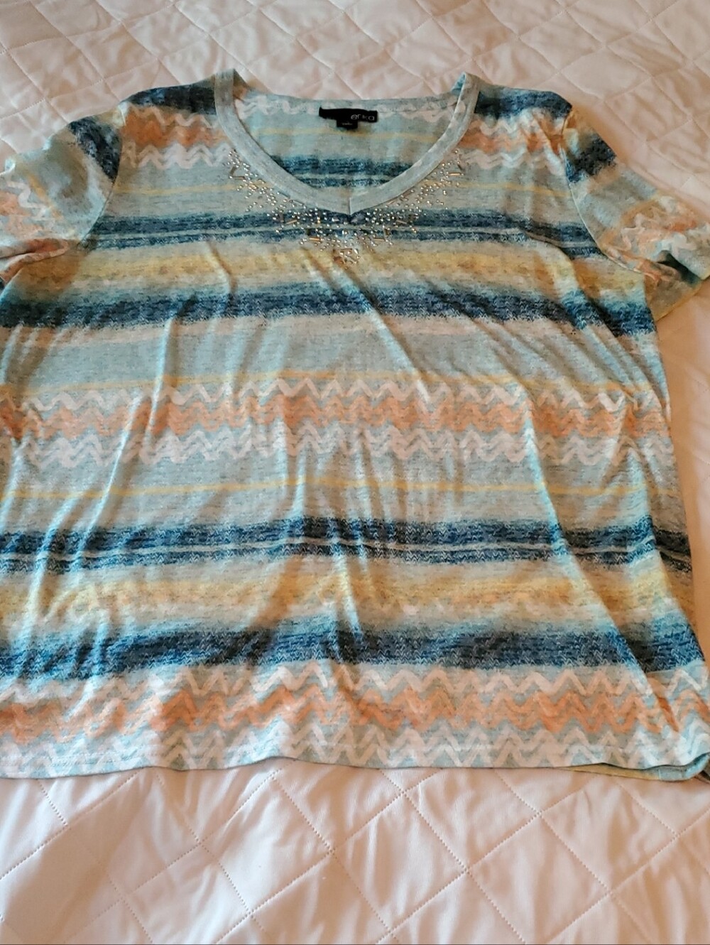 Erika Striped V-Neck Tee in Light Blue, Peach & Navy